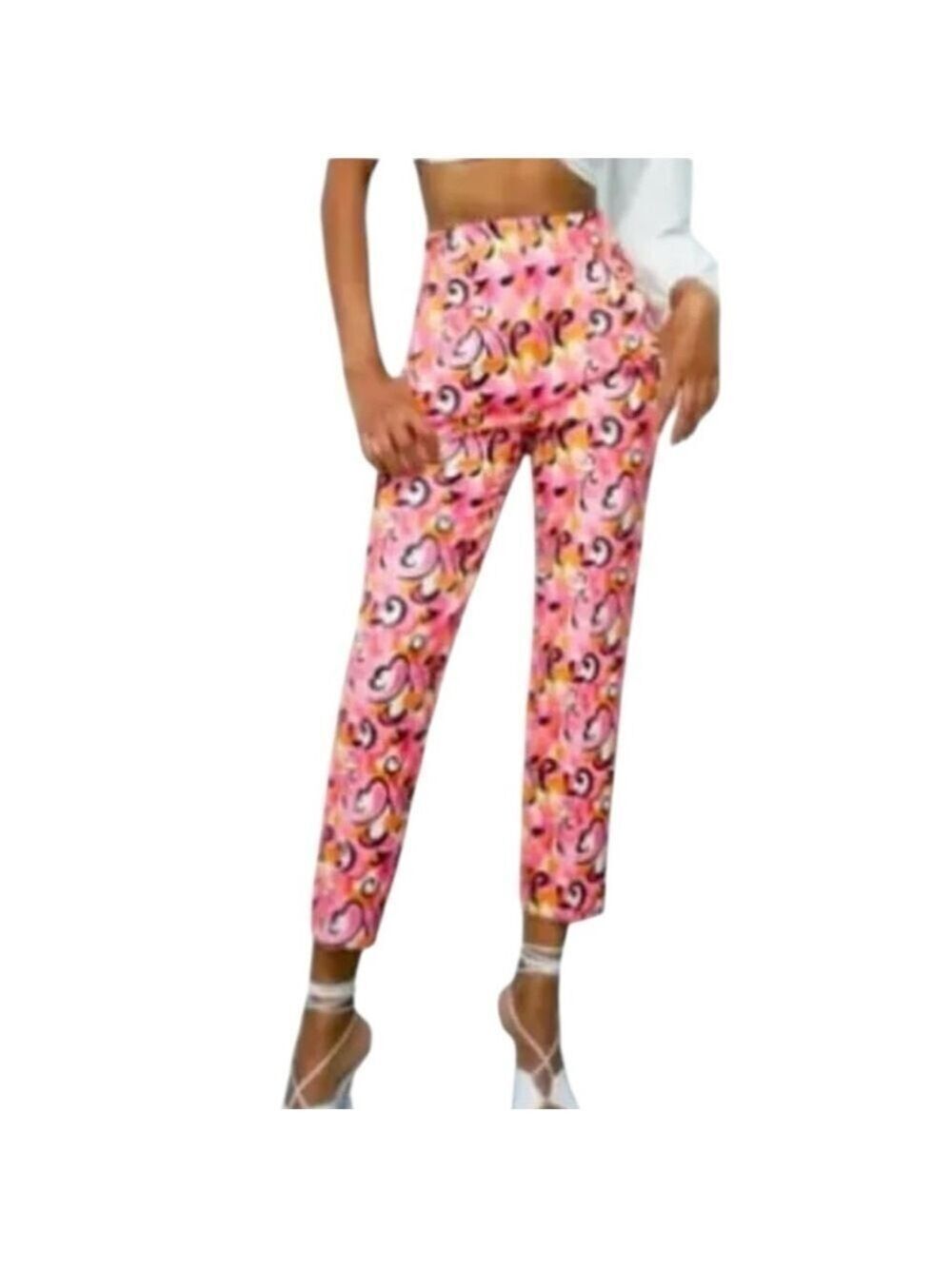 ZARA Paisley Daisies 1970’s Mod Style Pink Orange Cropped Pants Size Small